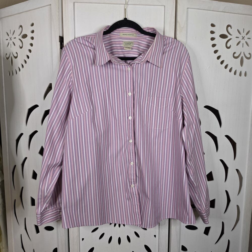LL Bean Preppy Button Down Women's Shirt Striped Purple Wrinkle Resistant SZ 2X